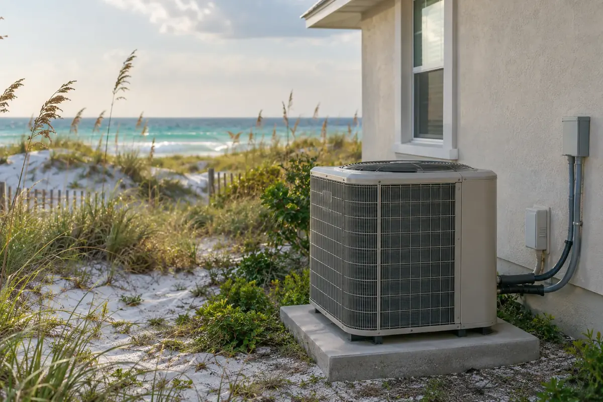 Air conditioner condenser on a concrete pad beside a stucco house, with sand dunes, sea oats and the Gulf of Mexico behind it