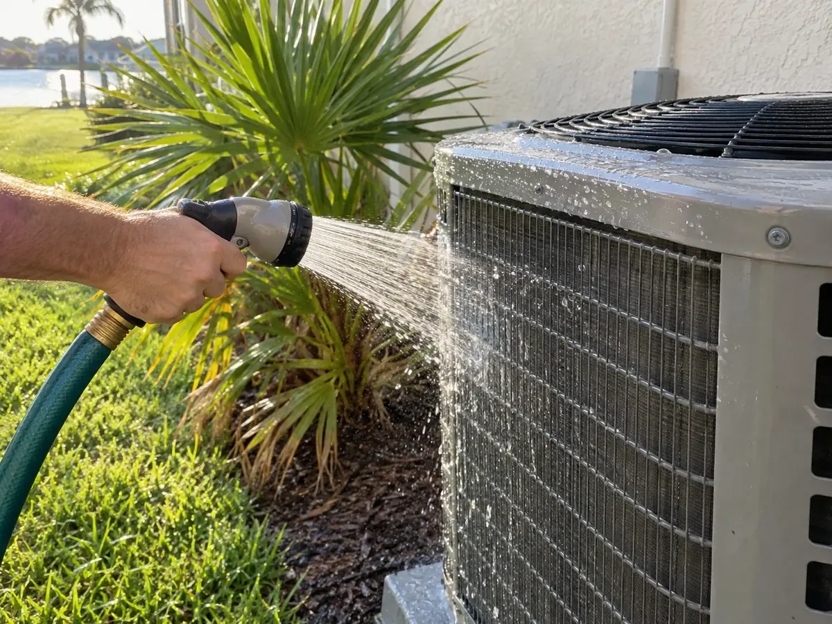Hand holding a garden hose on a gentle shower setting, rinsing the side coil of an outdoor AC condenser